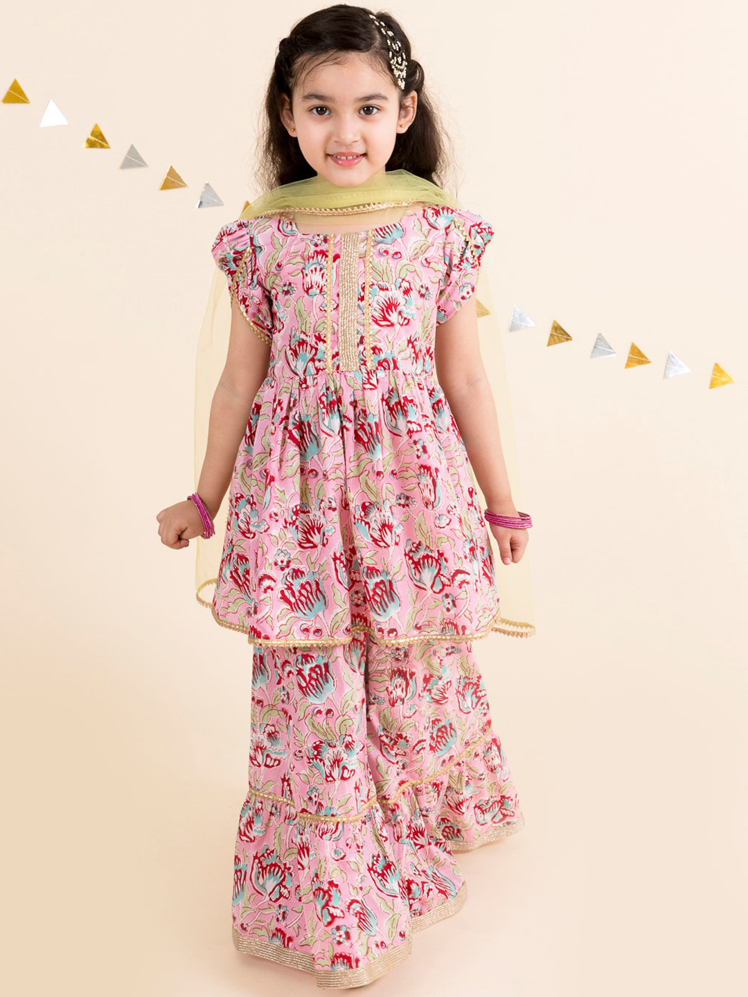 Kurti Con Patiala In Cotone Rosa A Righe Floreali Per Ragazze – Pspeaches - 4