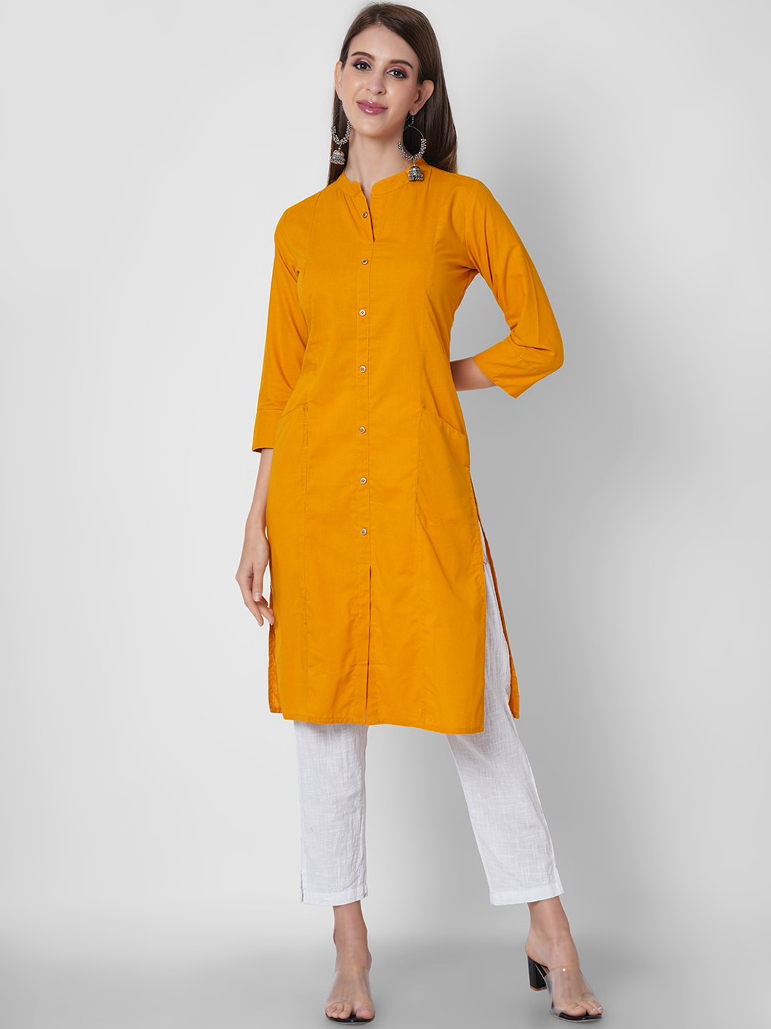 Buy ORTANGE Mustard Yellow Solid Work Cotton Kurta Kurtas for Women 18082558 Myntra