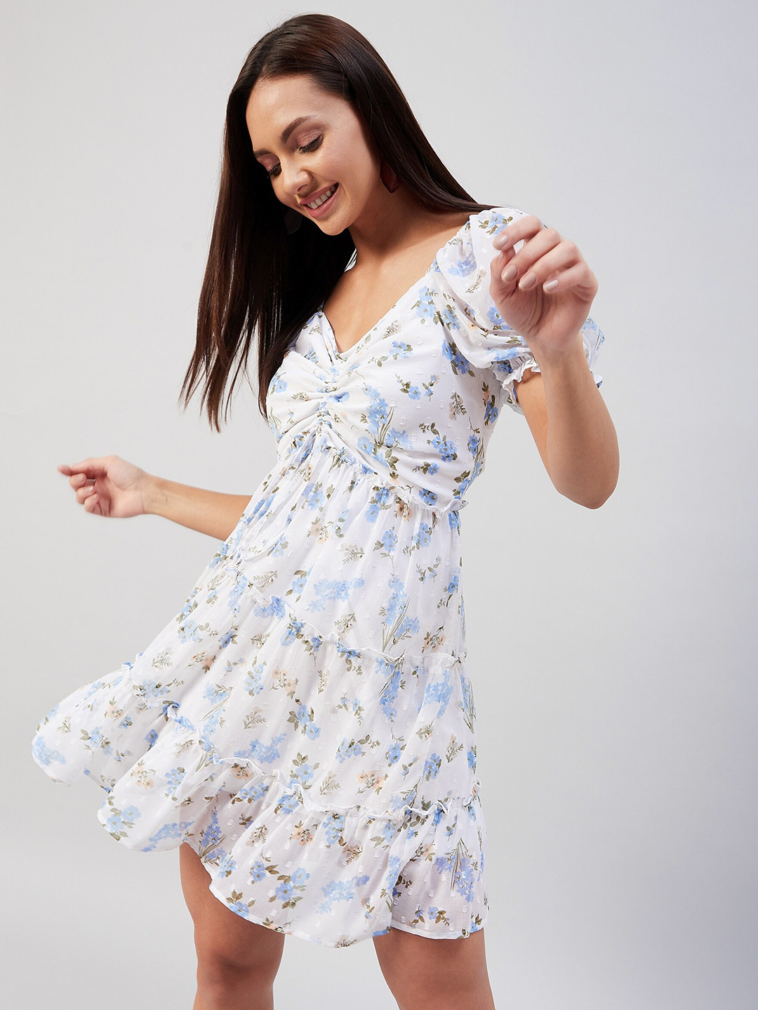 Buy Marie Claire White & Blue Floral Chiffon Tiered Empire Dress