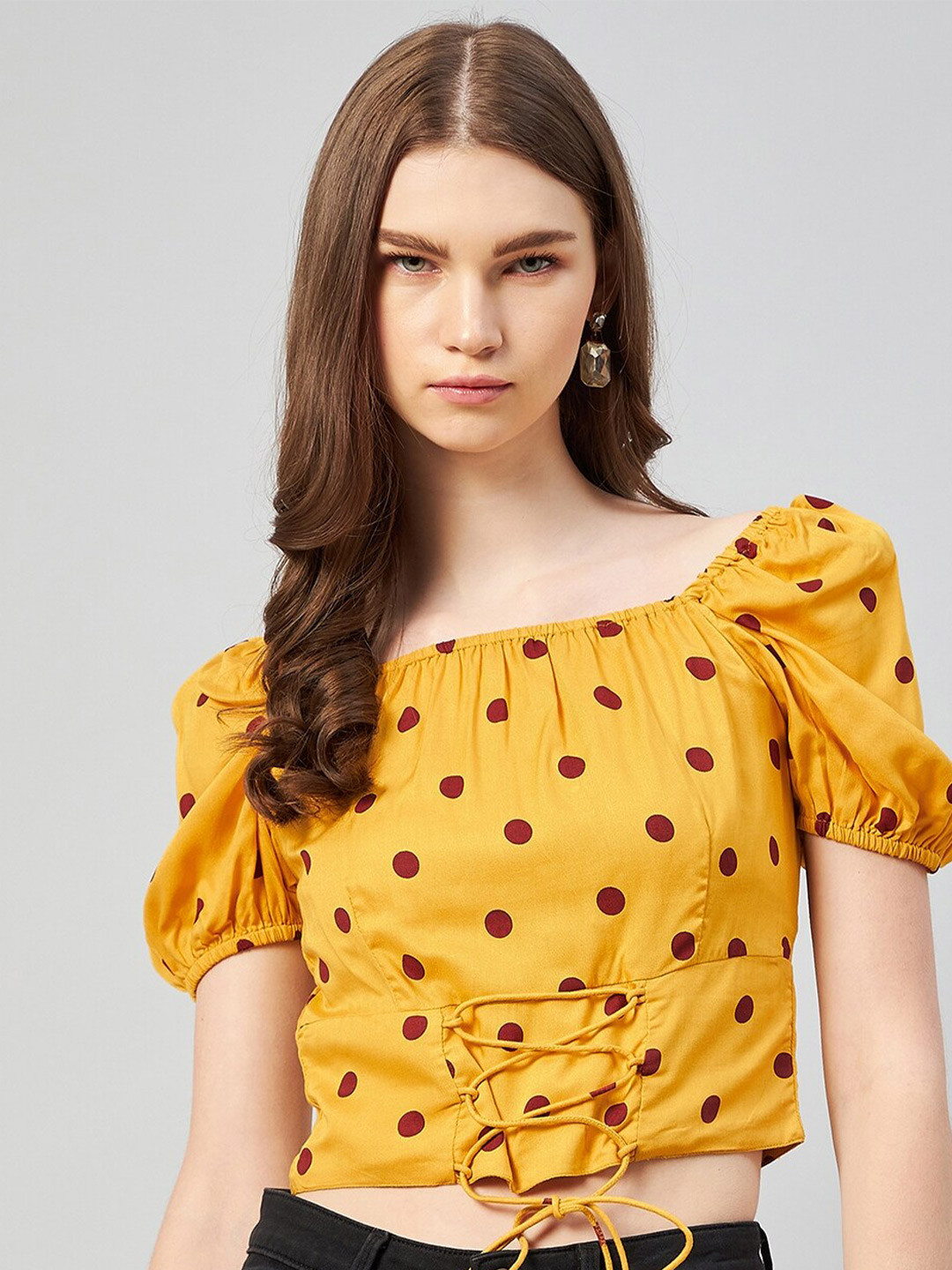 Buy RARE Mustard Yellow & Maroon Print Crop Top Tops for Women