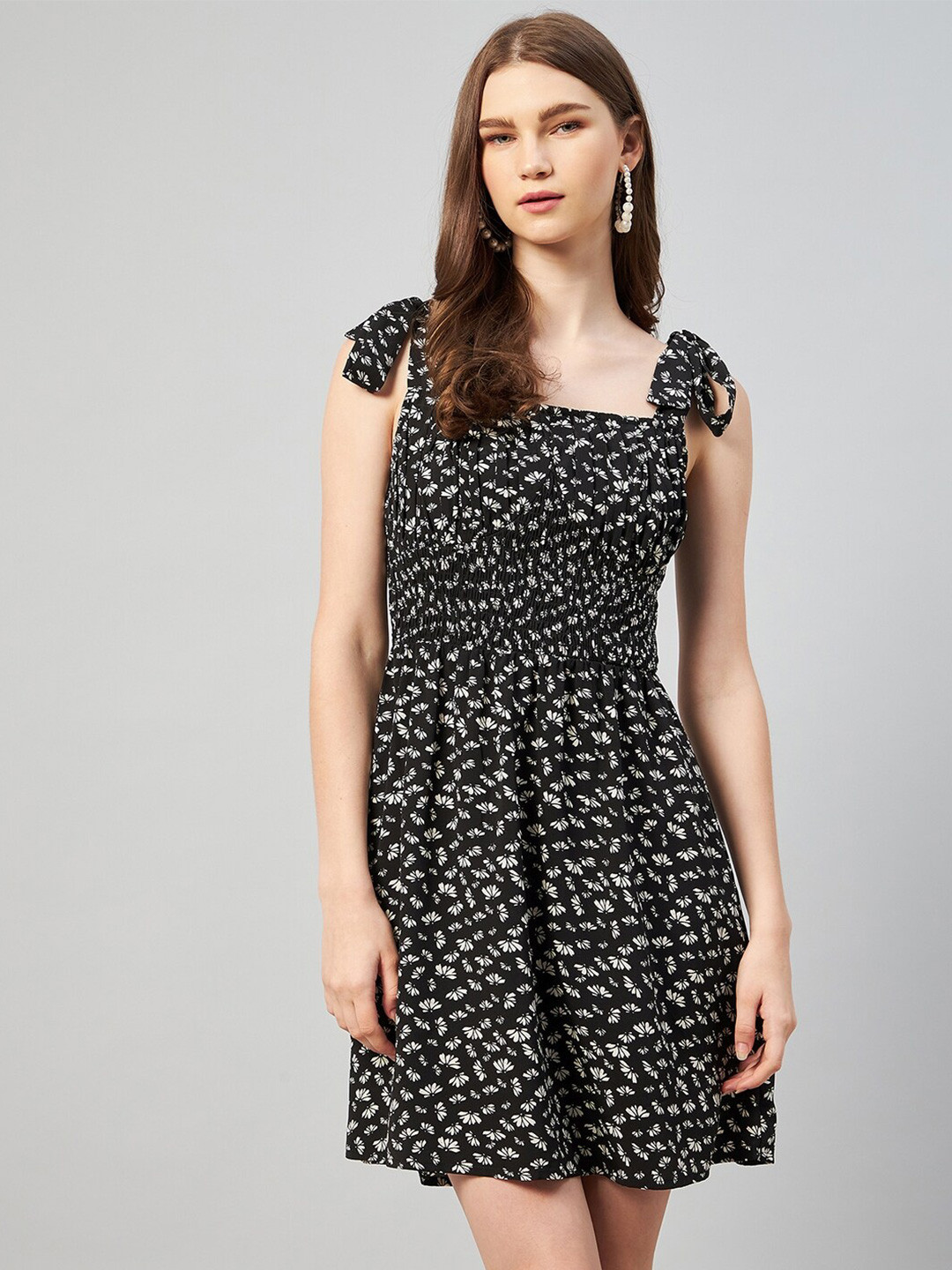 Floral Printed Shoulder Straps Cotton Flared Dress