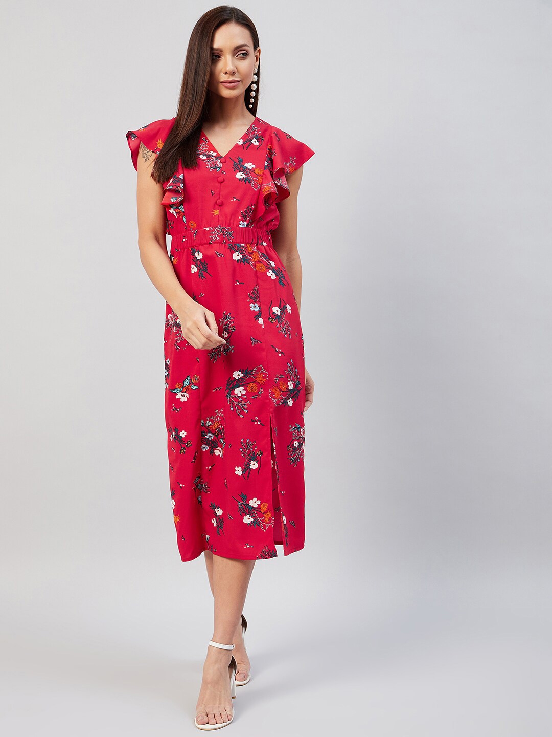 Buy RARE Red Floral Printed V Neck Crepe Midi Dress - Dresses for Women 18083880 | Myntra