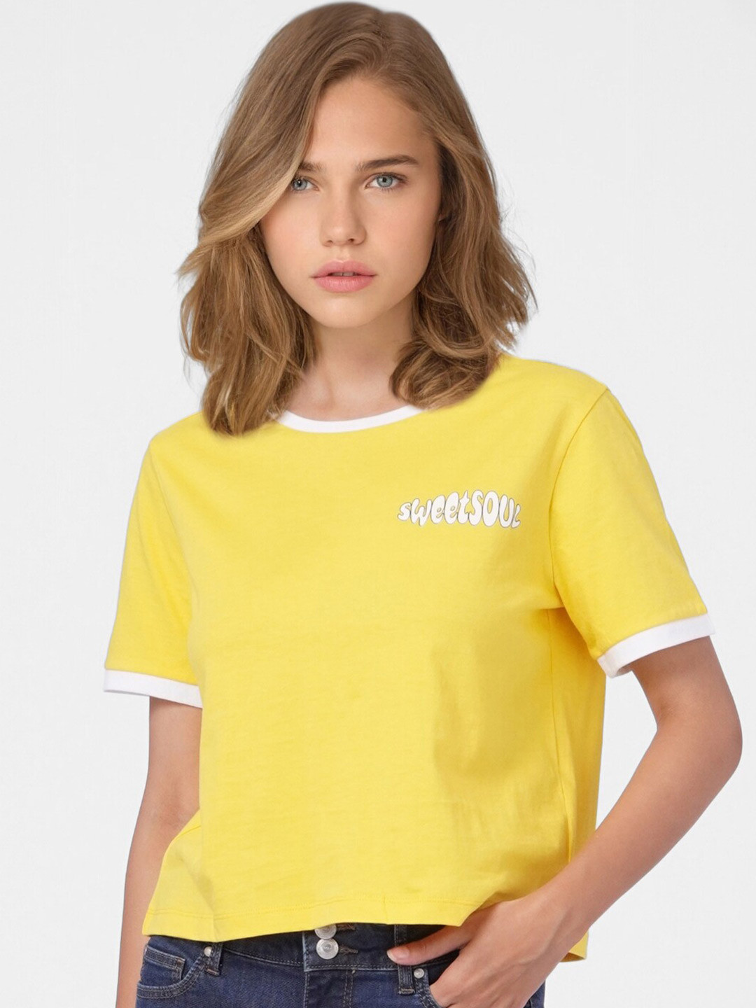 Buy ONLY Women Yellow & White Typography T Shirt - Tshirts for Women ...