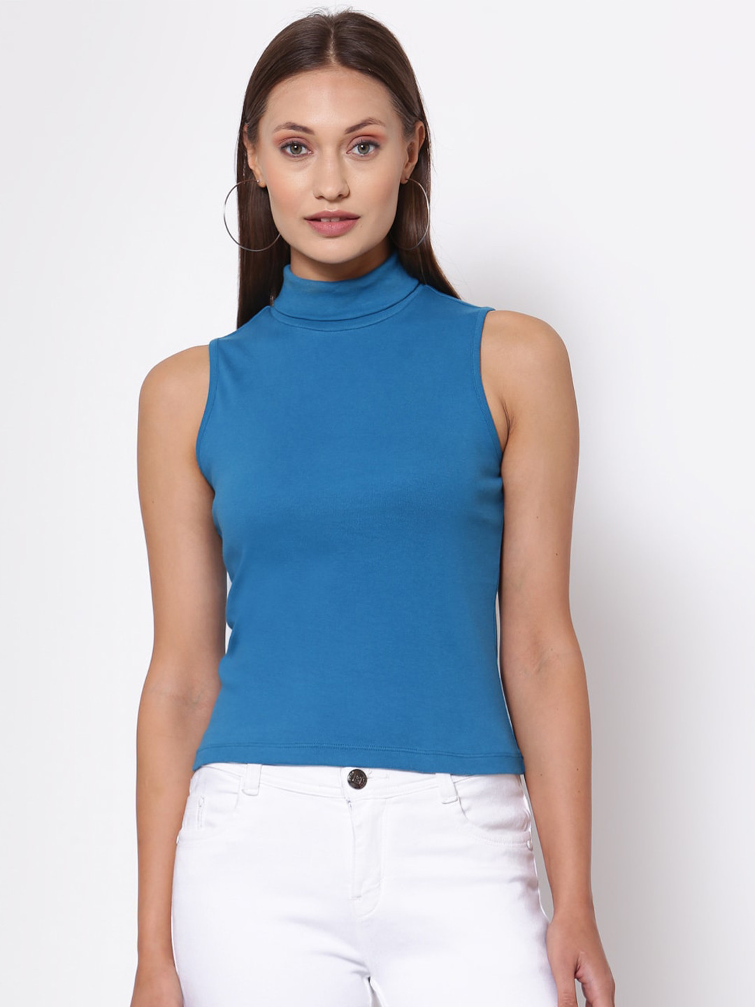 Buy YOONOY Blue Stretchable High Neck Sleeveless Organic Cotton Rib Top