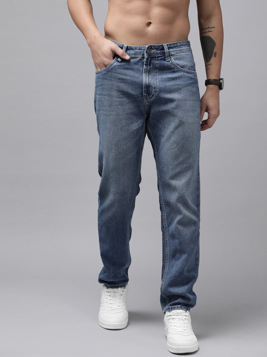 Men's Blue Solid Straight Fit Heavy Fade Jeans