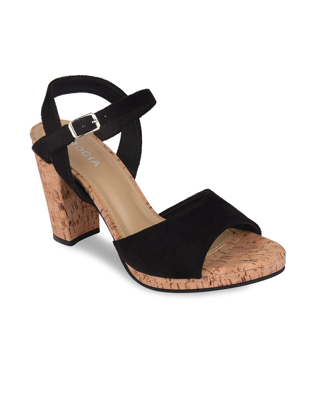 Buy Rocia Women Black Printed Suede Block Heeled Sandals With Buckles