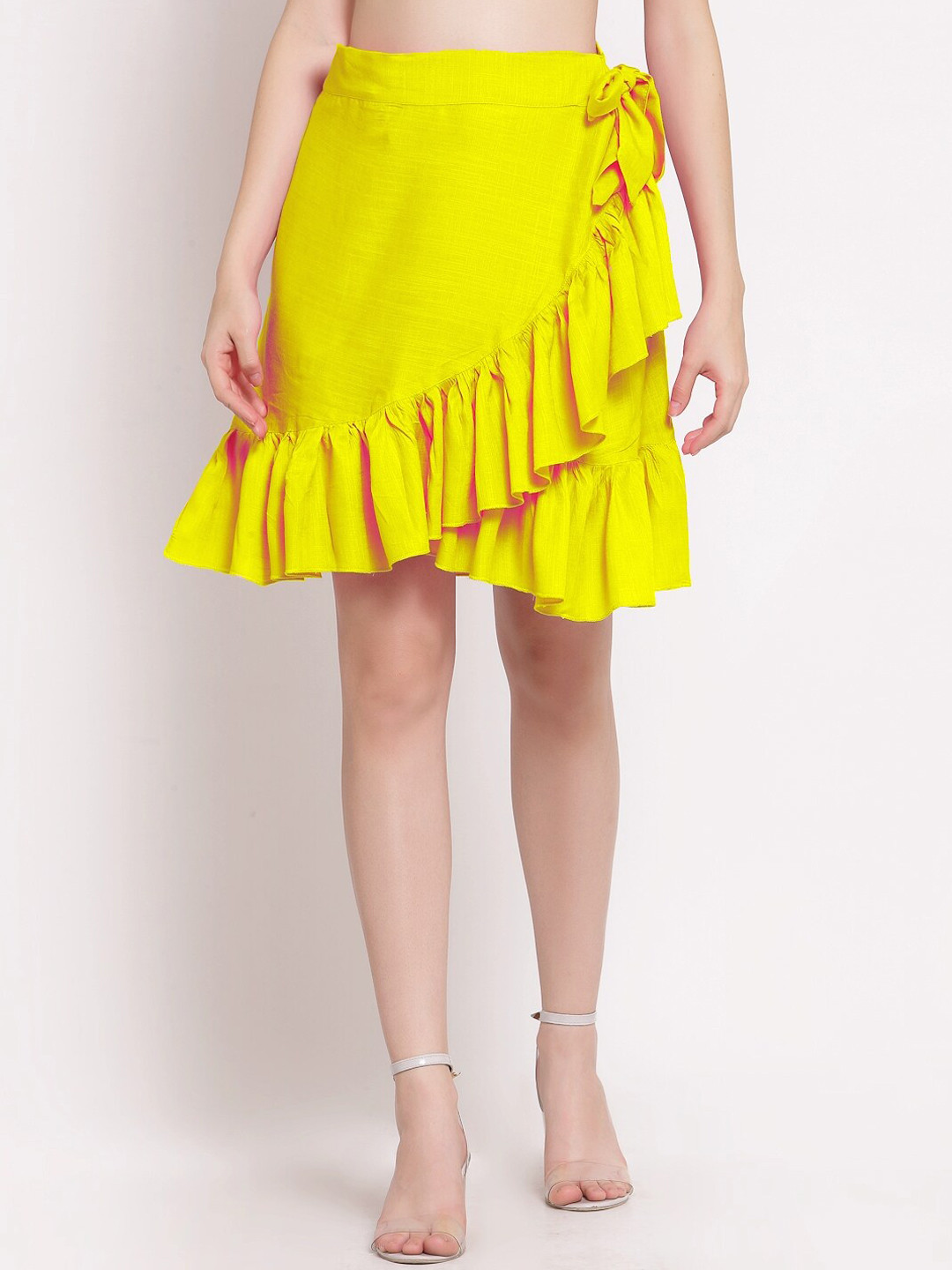 Women Yellow Ruched Crop With Pocket Anarkali Skirt