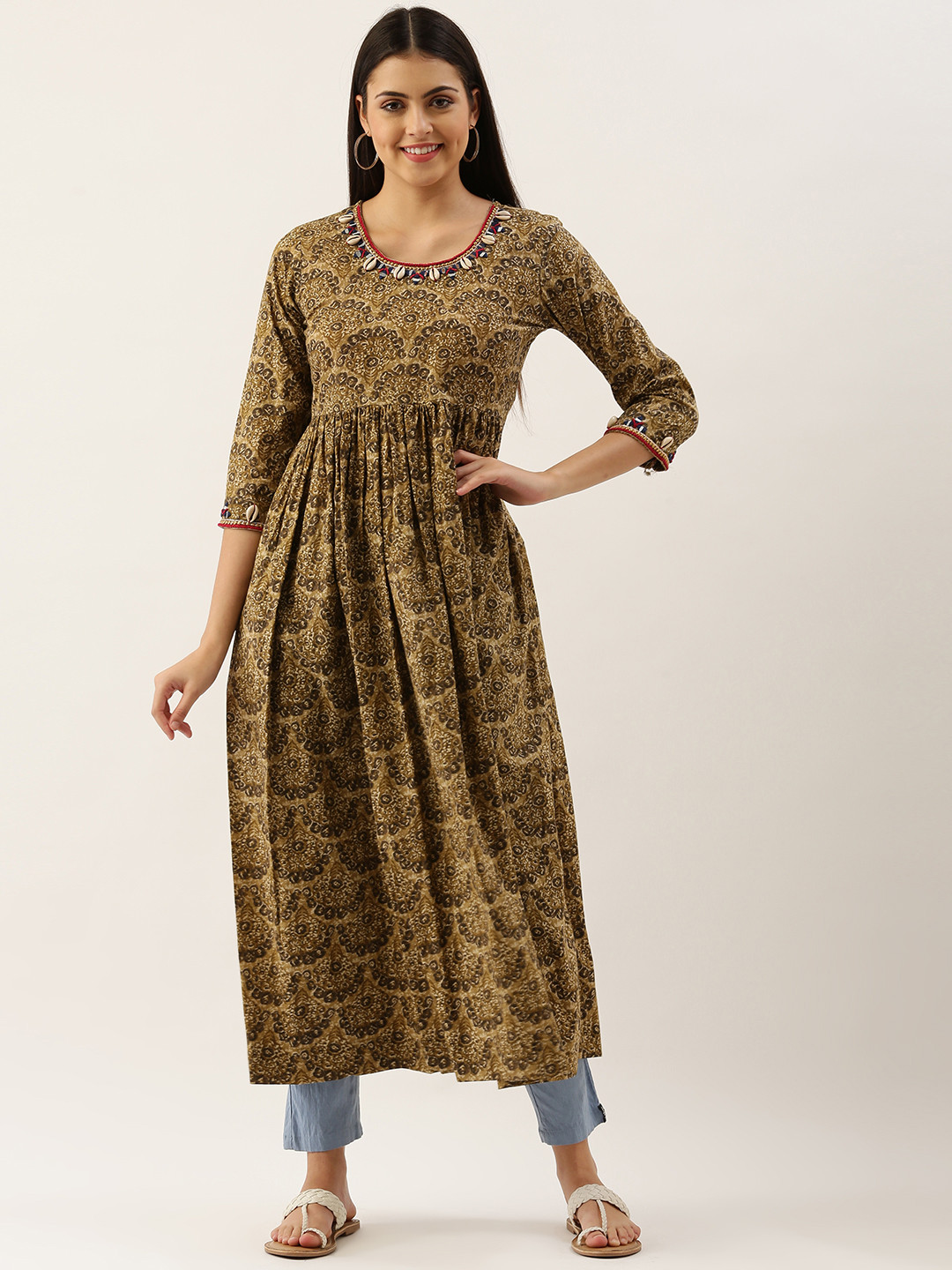 Women Green Mirror Embroidered Anarkali Kurta With Pants