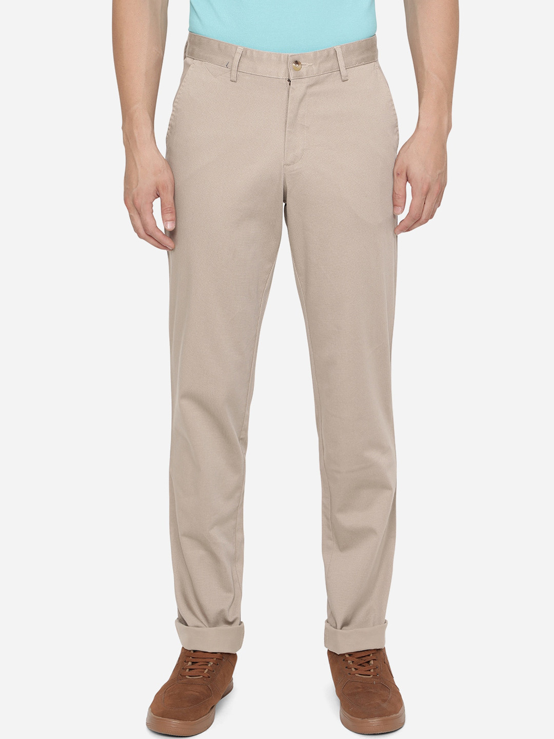 Buy Greenfibre Men Khaki Slim Fit Wrinkle Free Casual Trousers