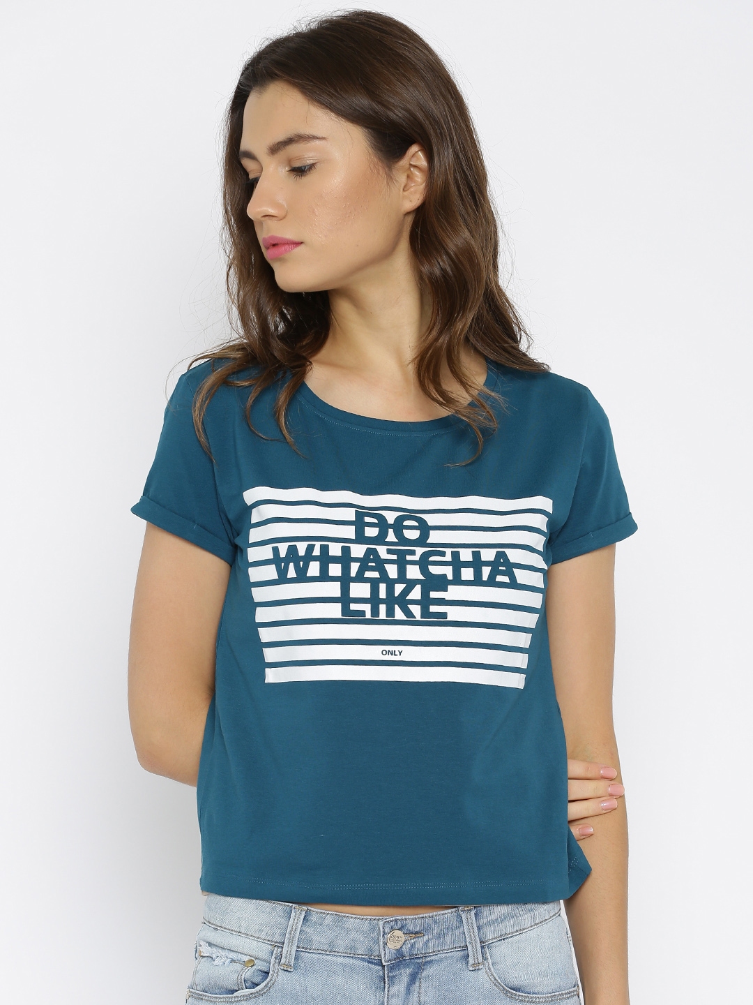 Buy ONLY Women Teal Blue Printed Crop T Shirt - Tshirts for Women ...