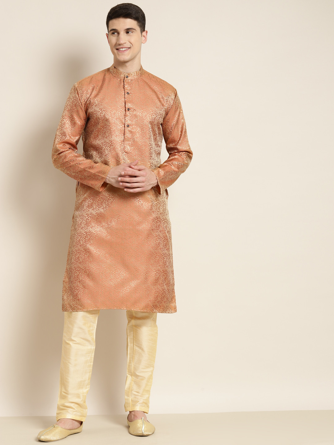 Men Orange Self Design Jacquard Kurta Pyjama