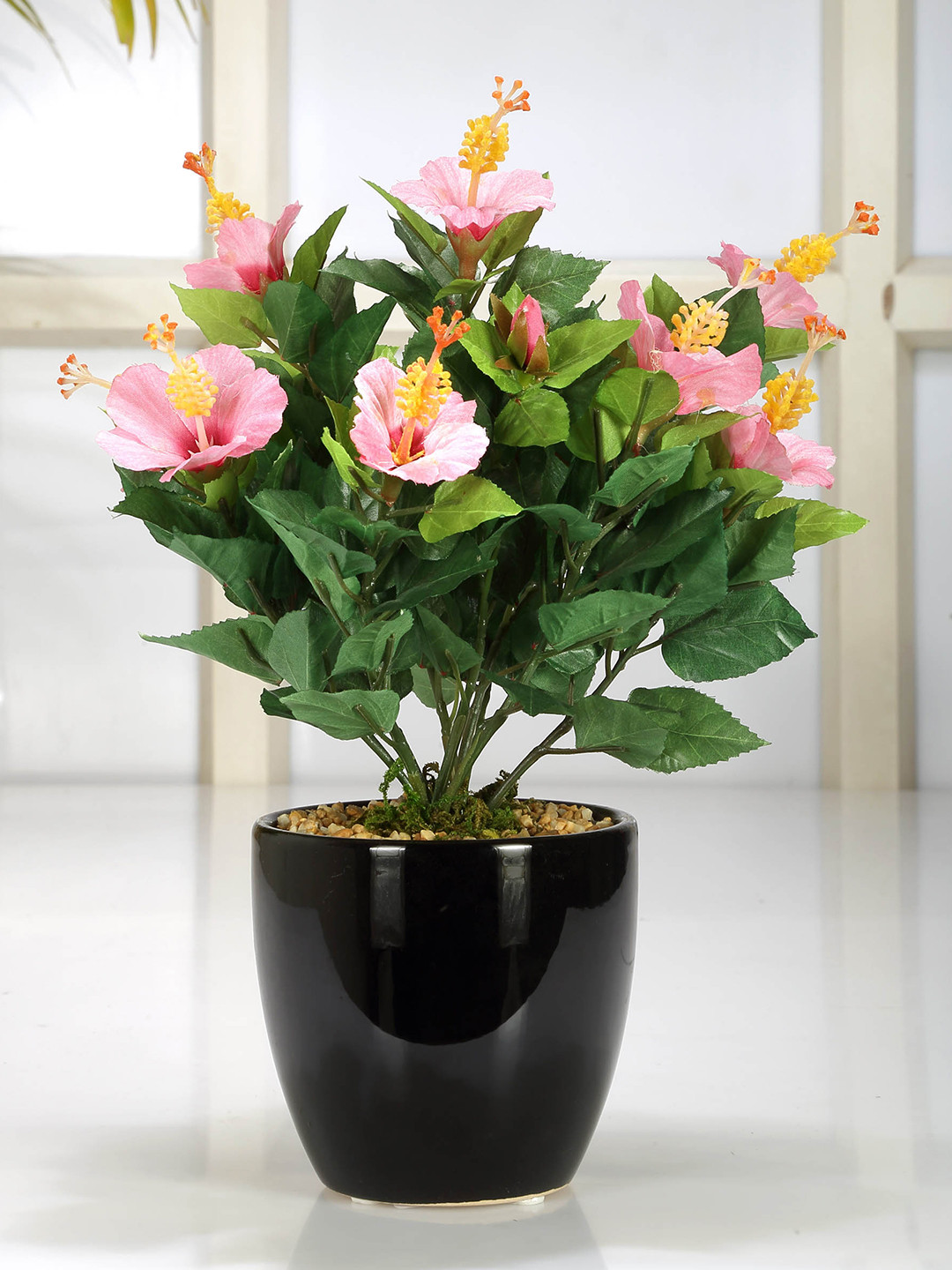 Buy Fourwalls Green & Pink Artificial Hibiscus Flower Plant With