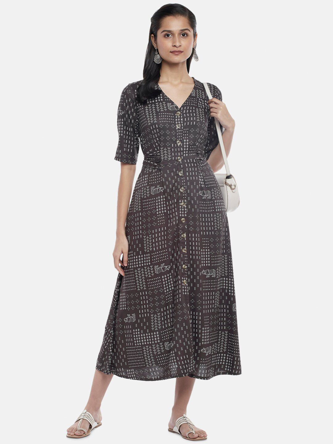 Buy AKKRITI BY PANTALOONS Charcoal Grey A Line Midi Dress Ethnic