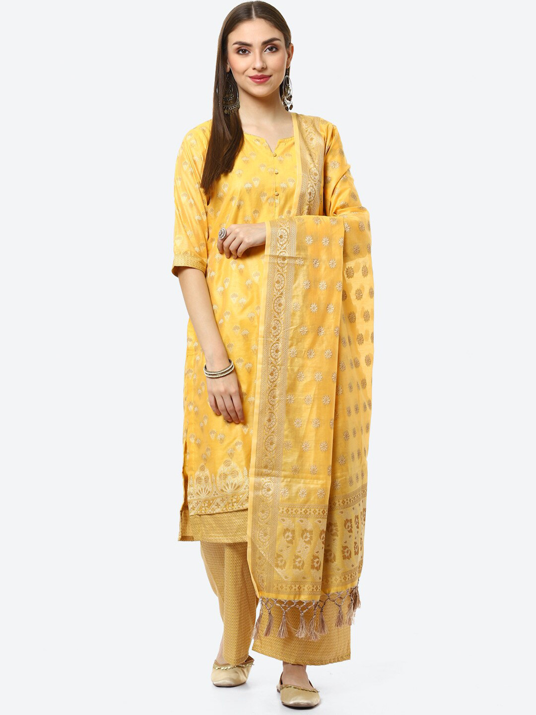 Buy Biba Yellow & Gold Toned Printed Unstitched Dress Material Dress Material for Women