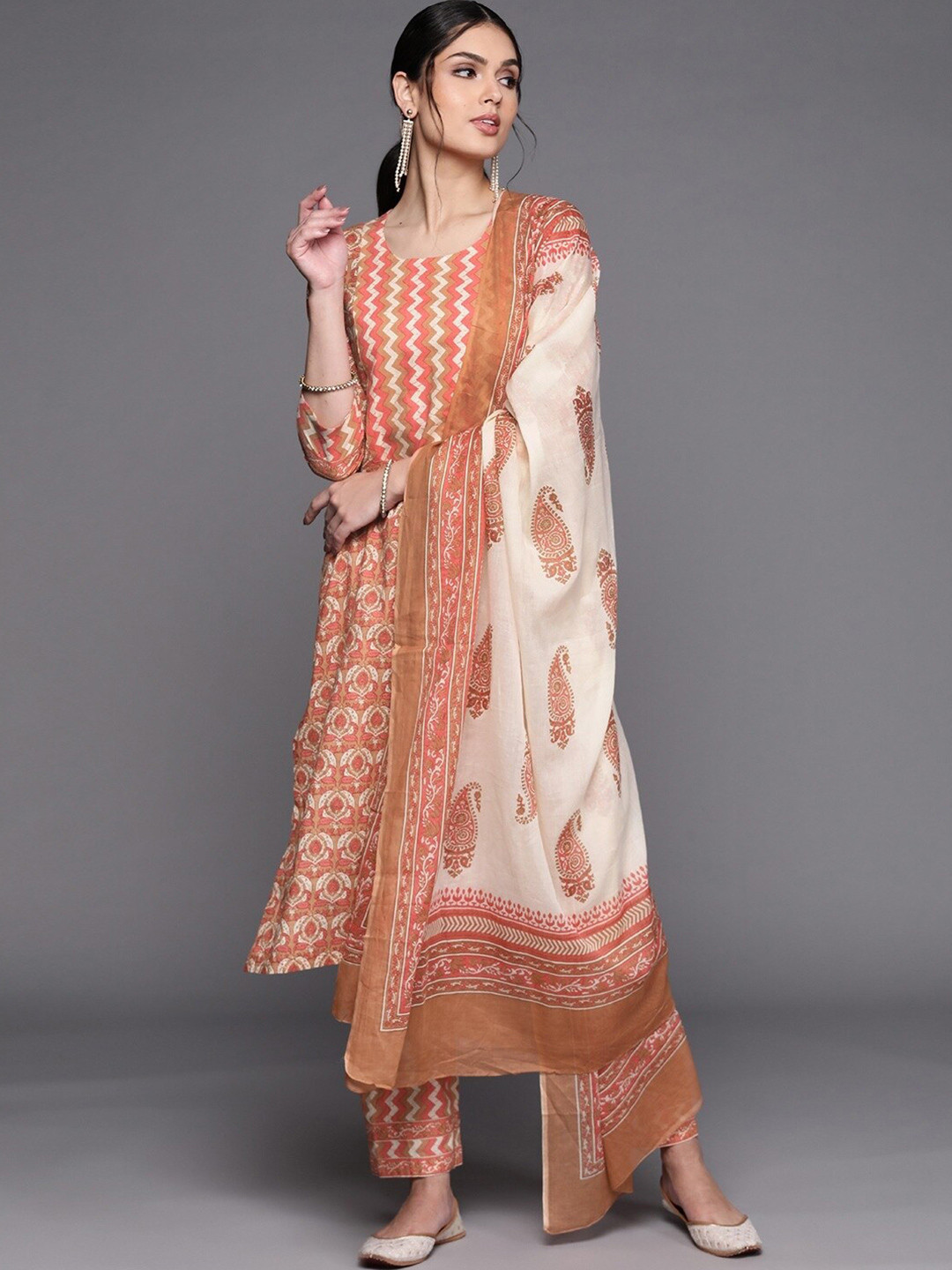 Buy Biba Orange & White Printed Pure Cotton Unstitched Dress Material Dress Material for Women