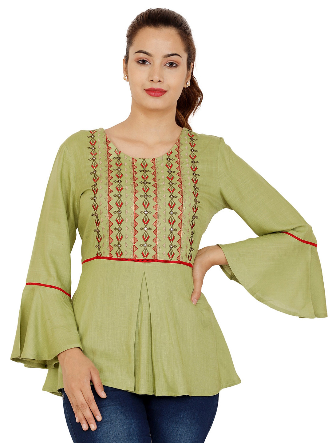 Buy NITVAN Green Tribal Embroidered Bell Sleeves Top Tops for Women