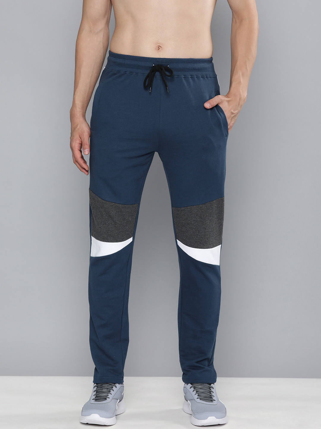 Buy HERE&NOW Men Navy Blue & Charcoal Grey Colourblocked Track Pants