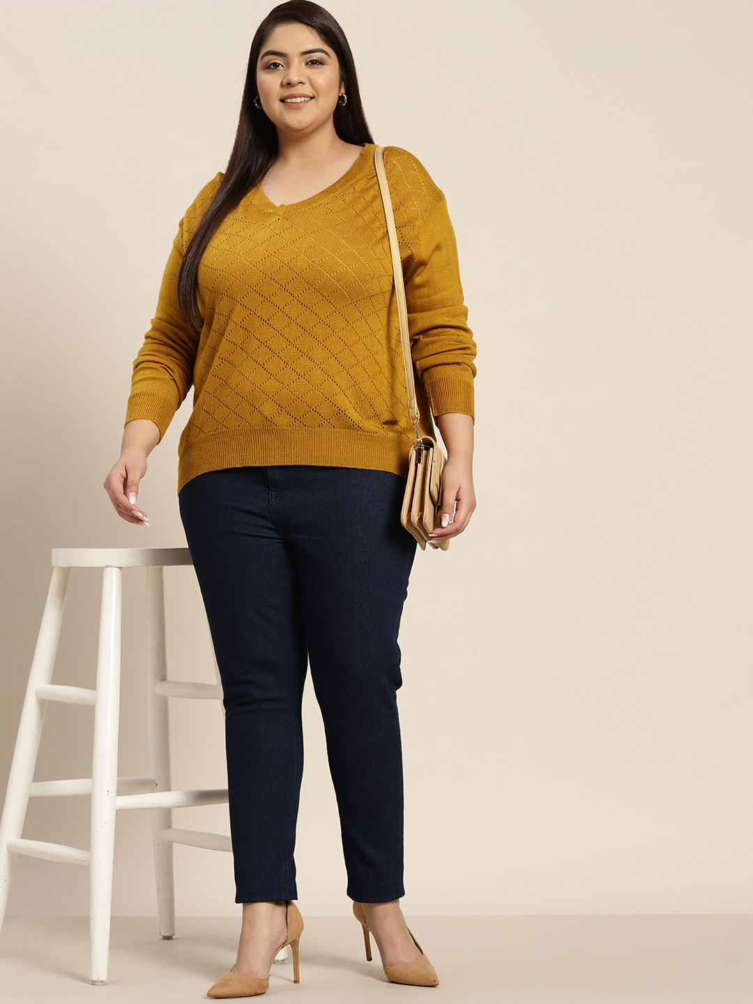Buy Sztori Women Plus Size Mustard Yellow Open Knit Acrylic Sweater Sweaters for Women