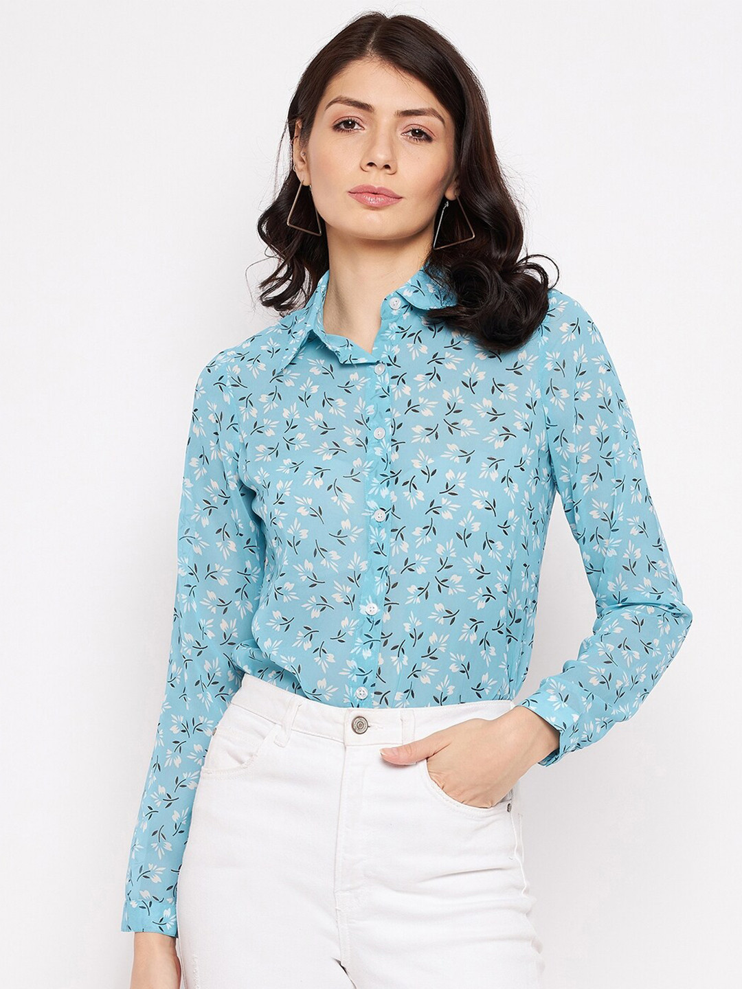 Buy PURYS Women Blue Smart Floral Semi Sheer Printed Casual Shirt