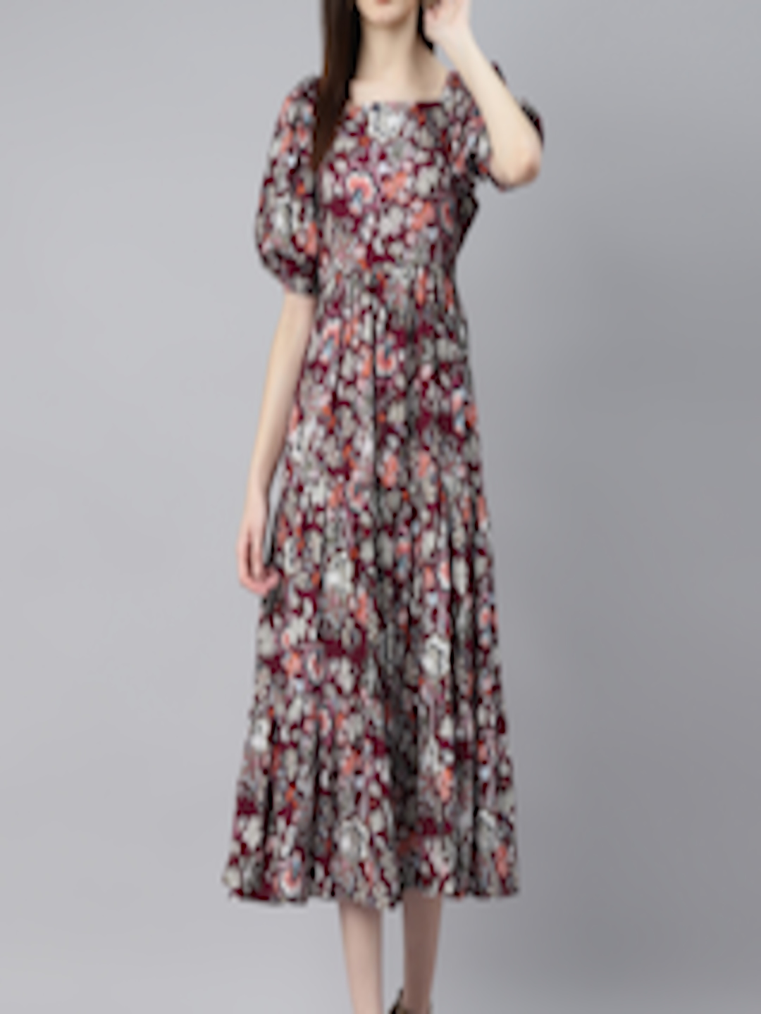 Buy Indibelle Burgundy & Orange Floral Puff Sleeves Midi Dress ...