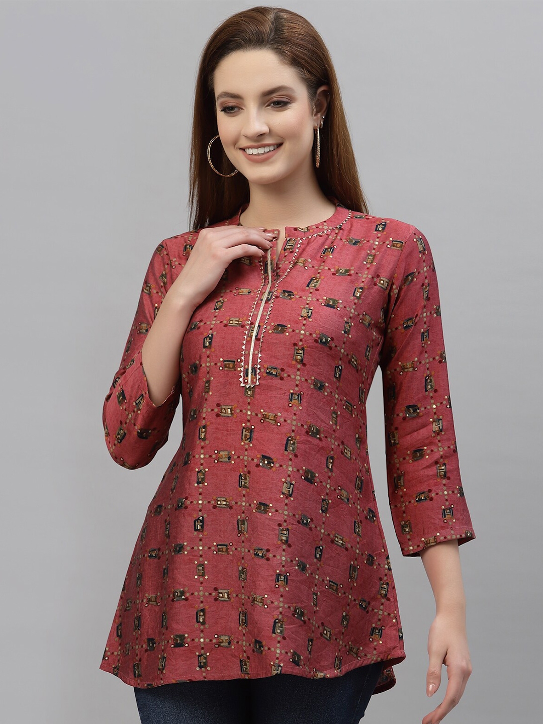 Buy TANKHI Red & Golden Modal Embroidered Tunic - Tunics for Women ...