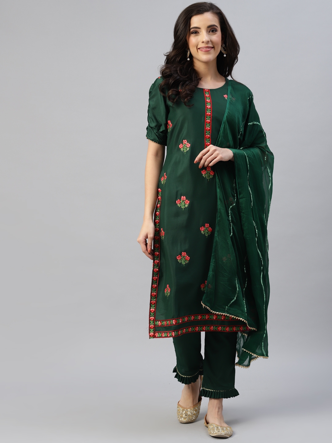 Buy KALINI Women Green Embroidered Semi Stitched Dress Material - Dress ...