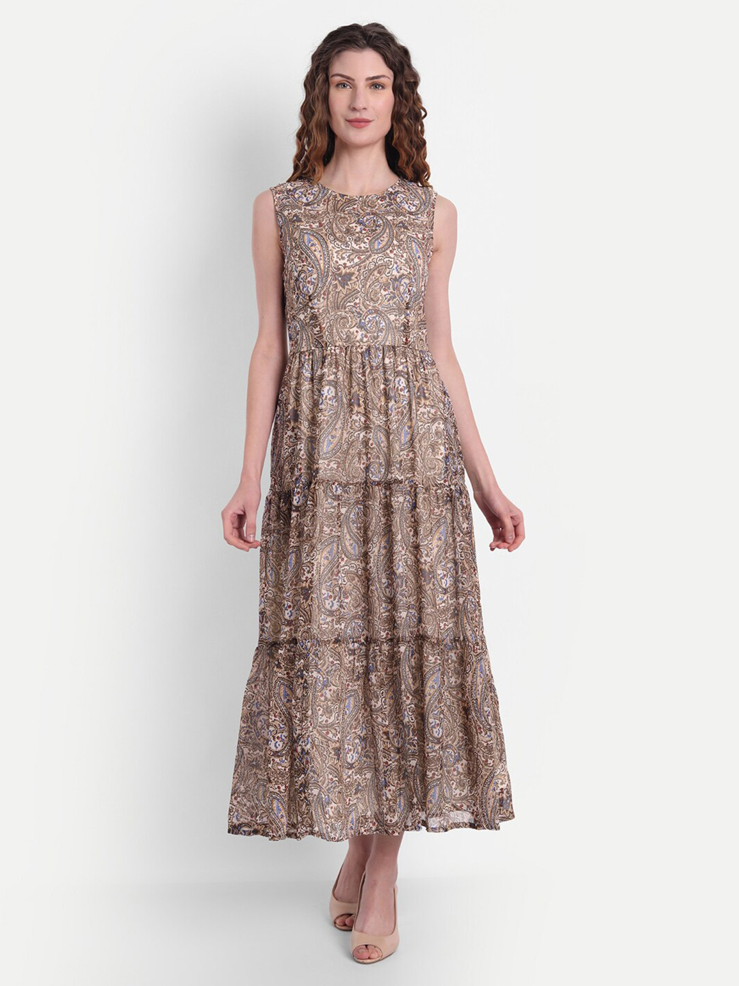 Buy MINGLAY Brown & Cream Coloured Ethnic Motifs Chiffon Maxi Dress