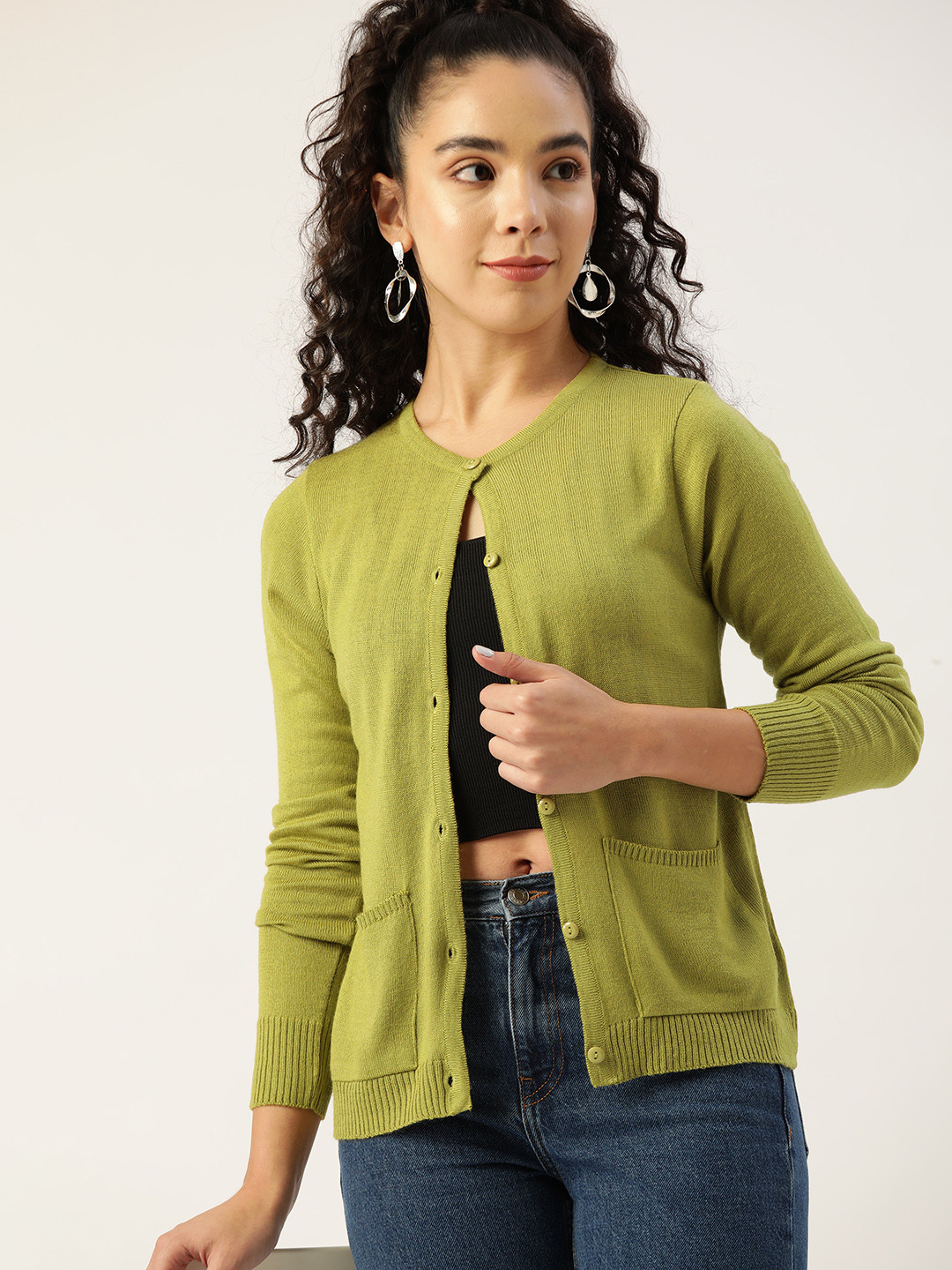 Buy DressBerry Women Green Round Neck Knitted Cardigan - Sweaters for ...