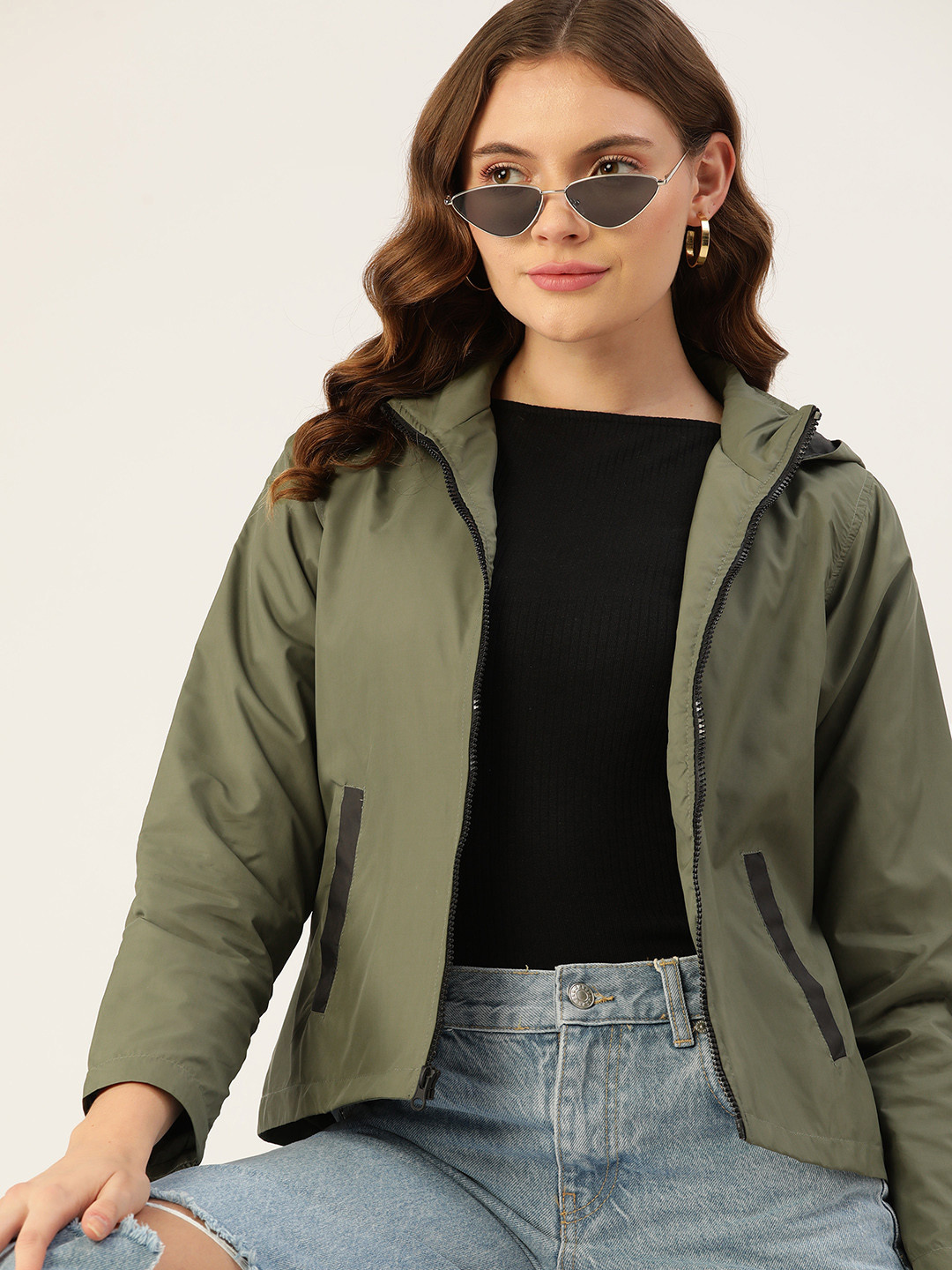 Buy DressBerry Women Olive Green Hooded Tailored Jacket Jackets for