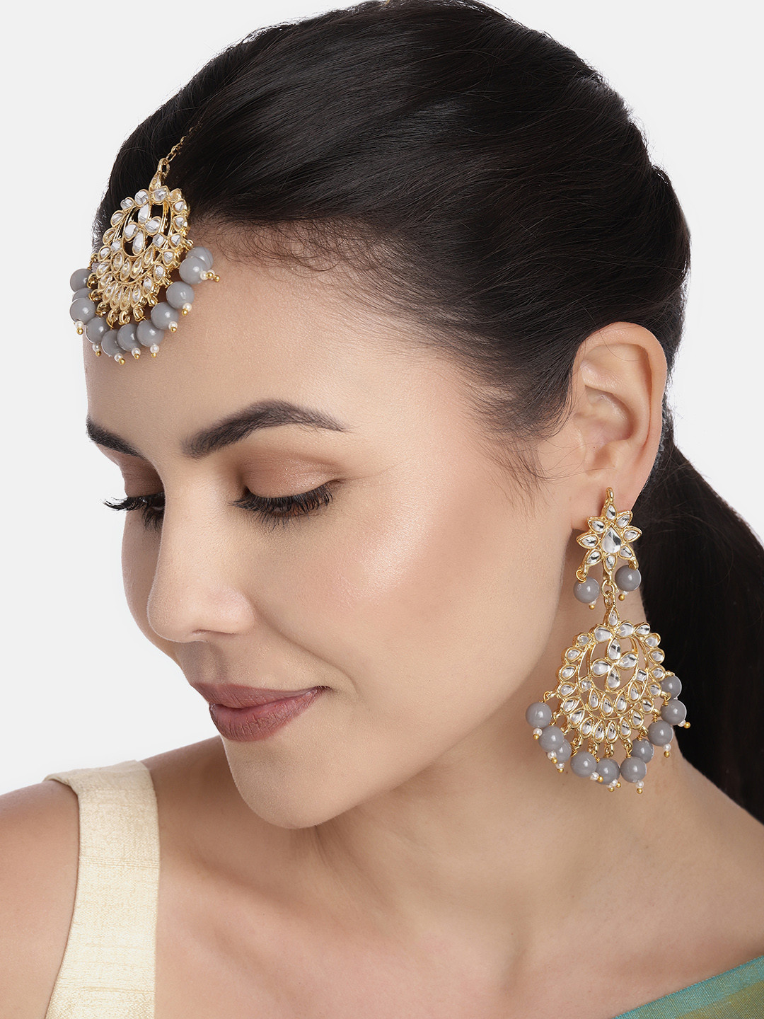 Buy I Jewels Grey & White Floral Studded Gold Plated Jewellery Set