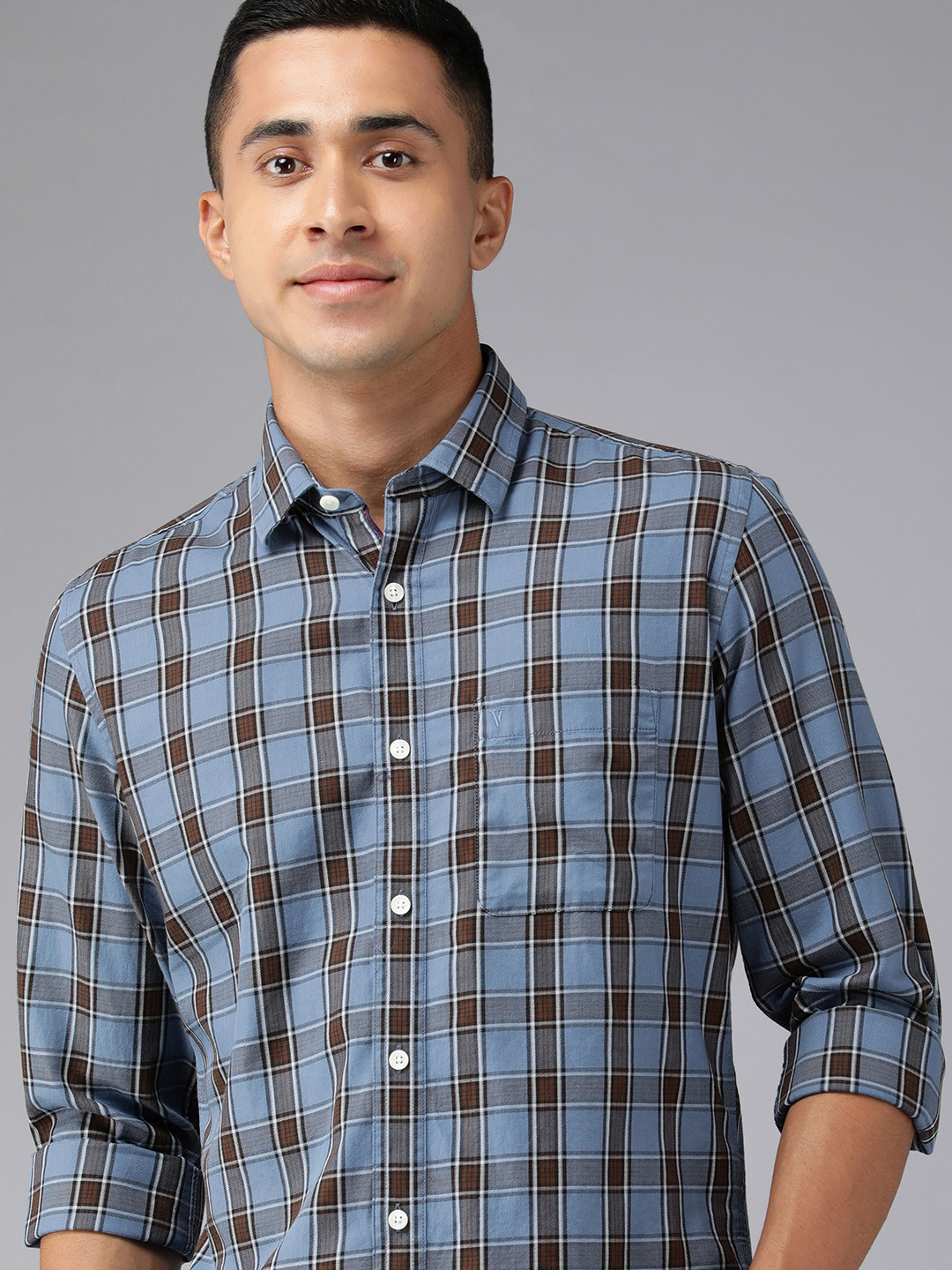 Buy Van Heusen Sport Men Light Blue And Brown Slim Fit Checked Pure