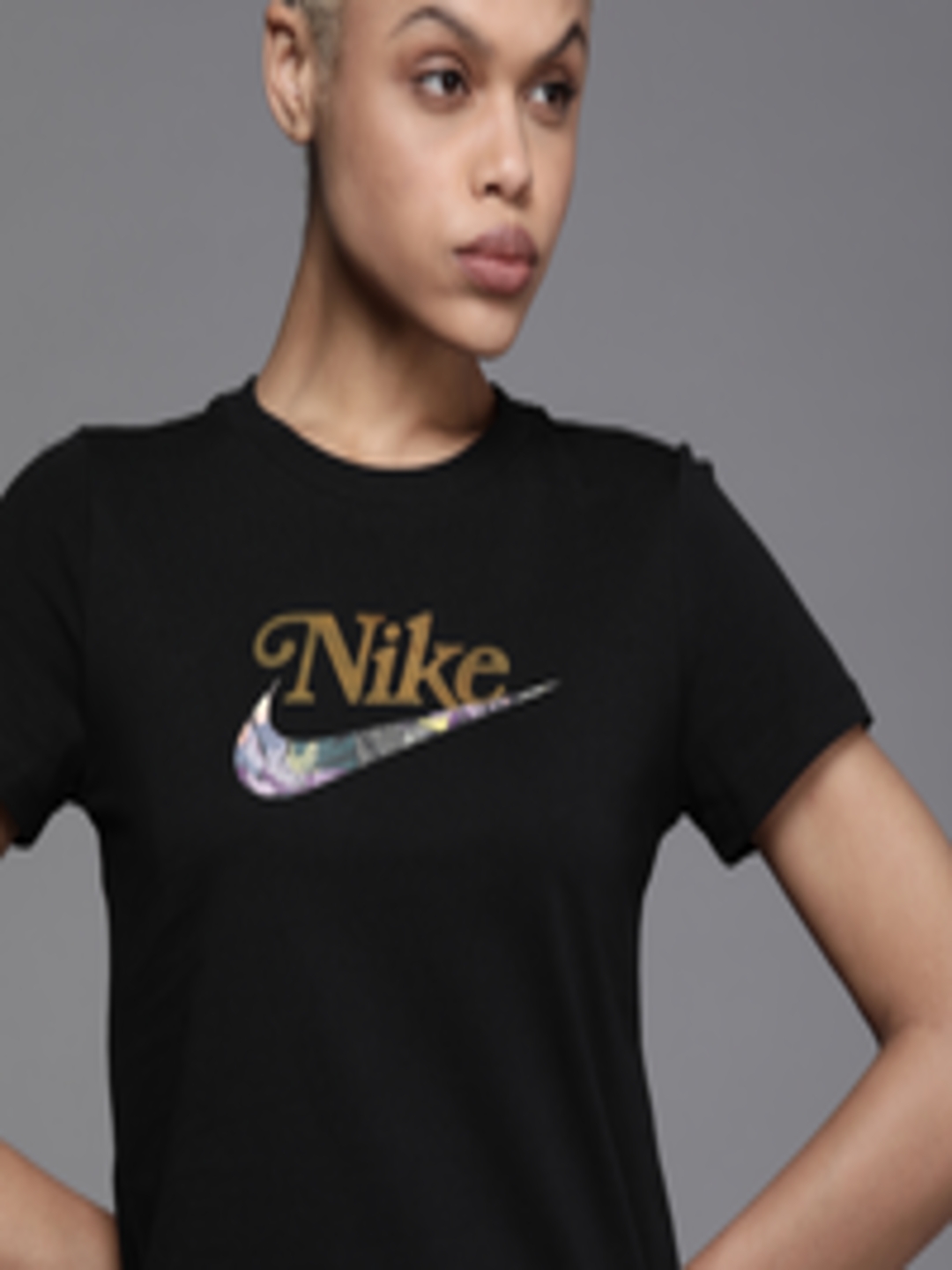 Buy Nike Women Black & Gold Coloured Brand Logo Printed Pure Cotton T ...