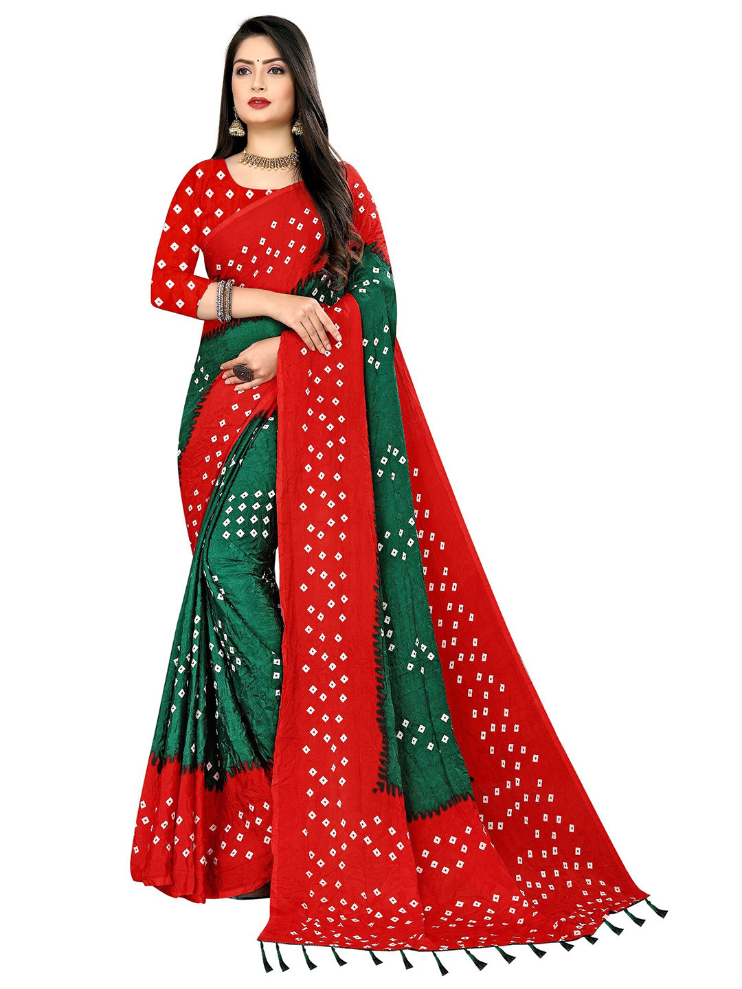 green red bandhani saree