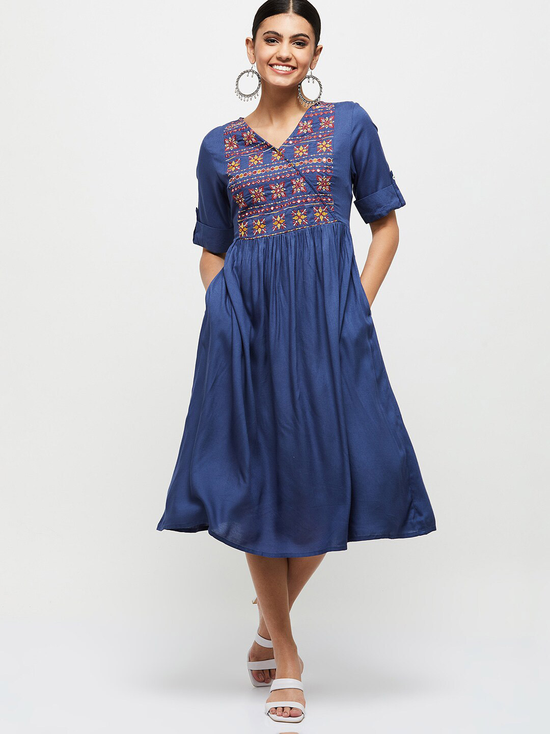 Women Stylish Blue Ethnic Motifs Ethereal Embroidery Dress