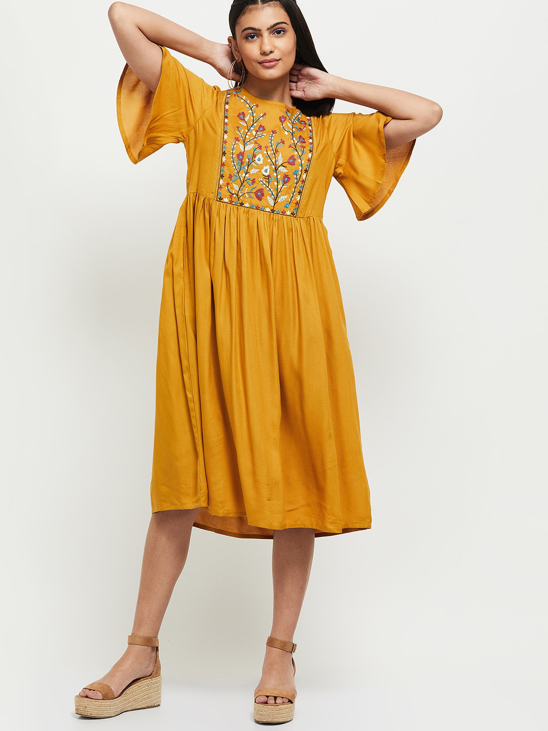 Buy Max Mustard Yellow Embroidered A Line Midi Dress Ethnic Dresses