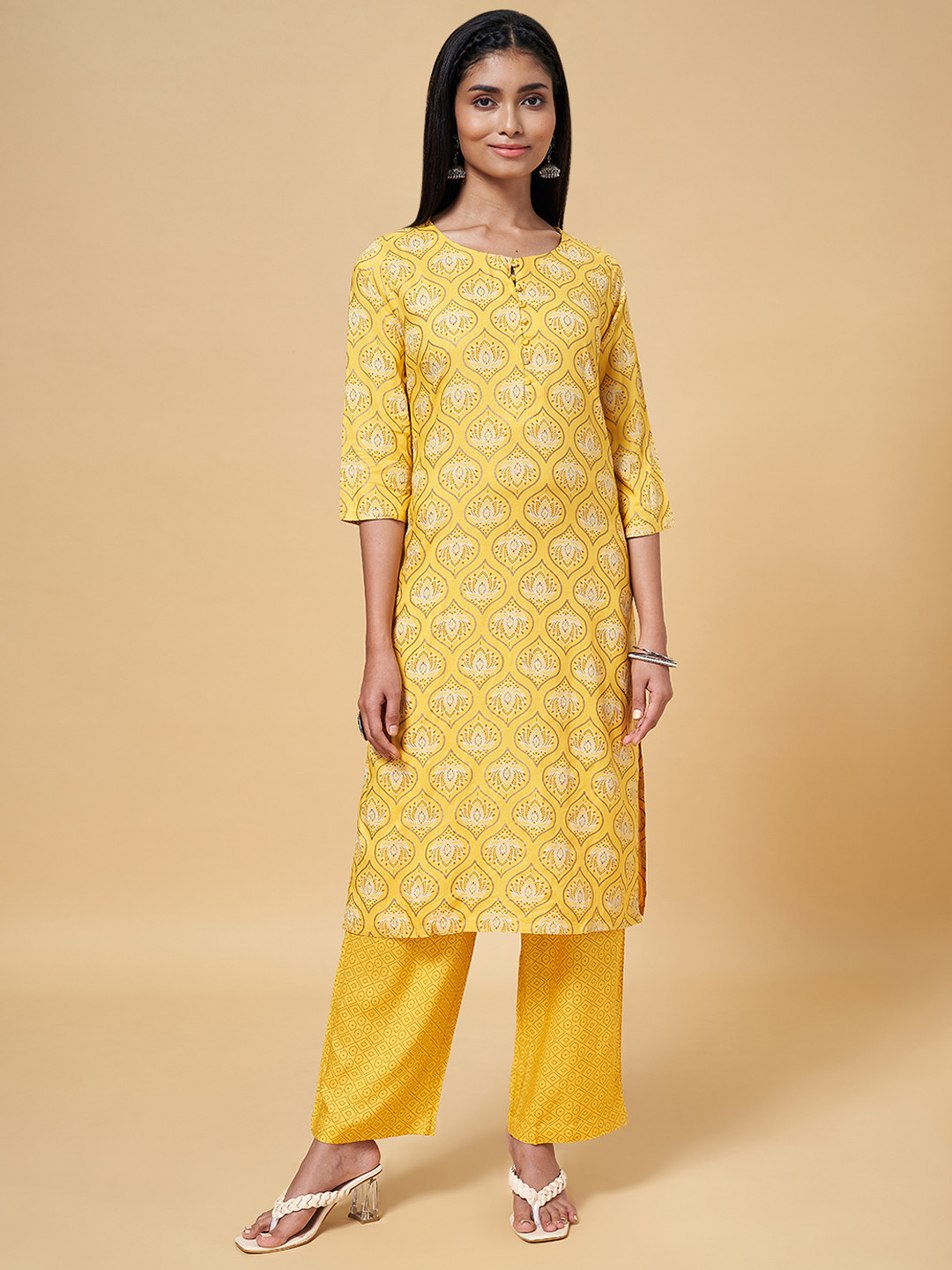 Buy RANGMANCH BY PANTALOONS Women Mustard Yellow Floral Printed Kurta