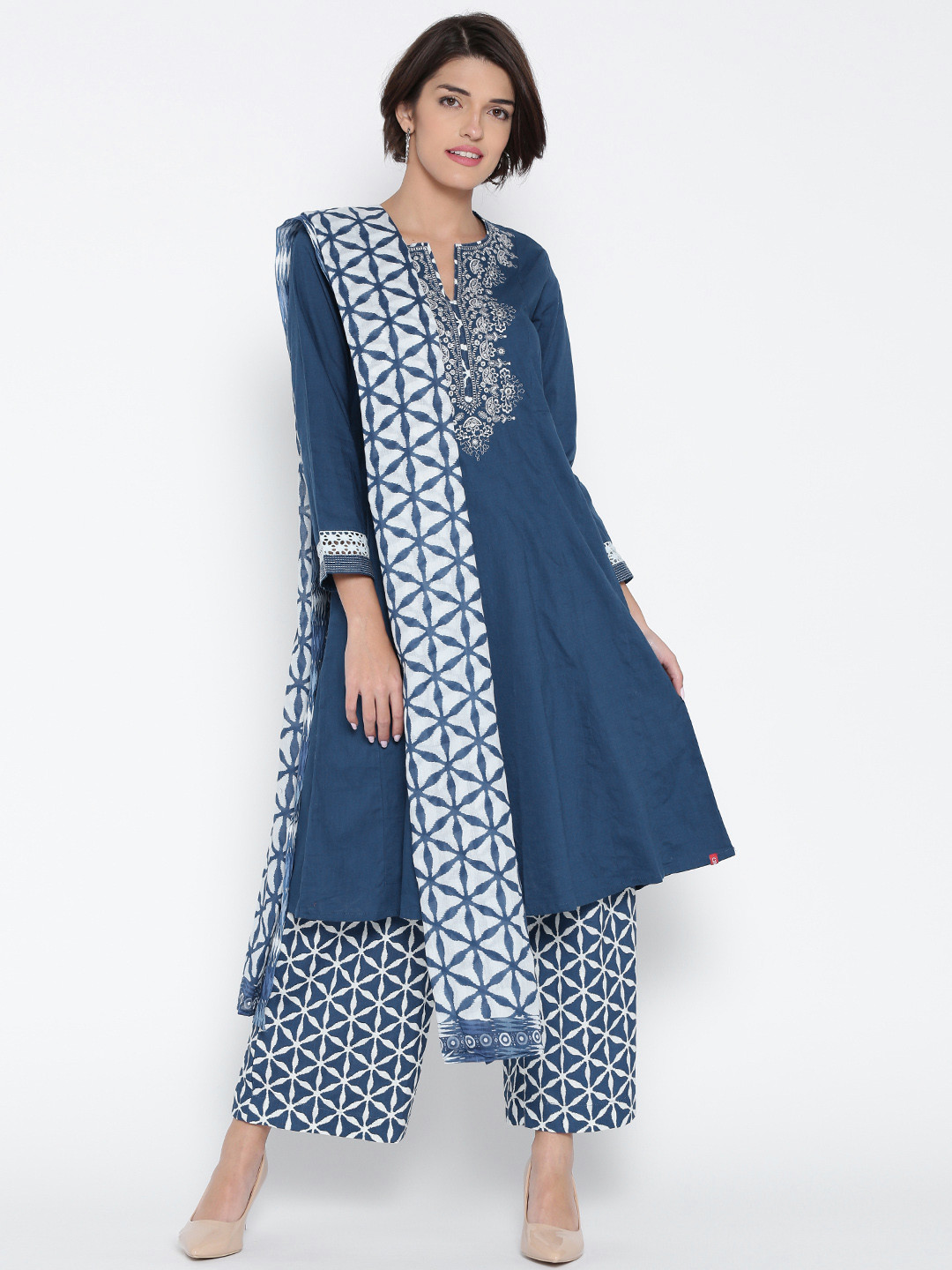 Buy Biba Navy & White Embroidered A Line Kurta With Palazzos & Dupatta