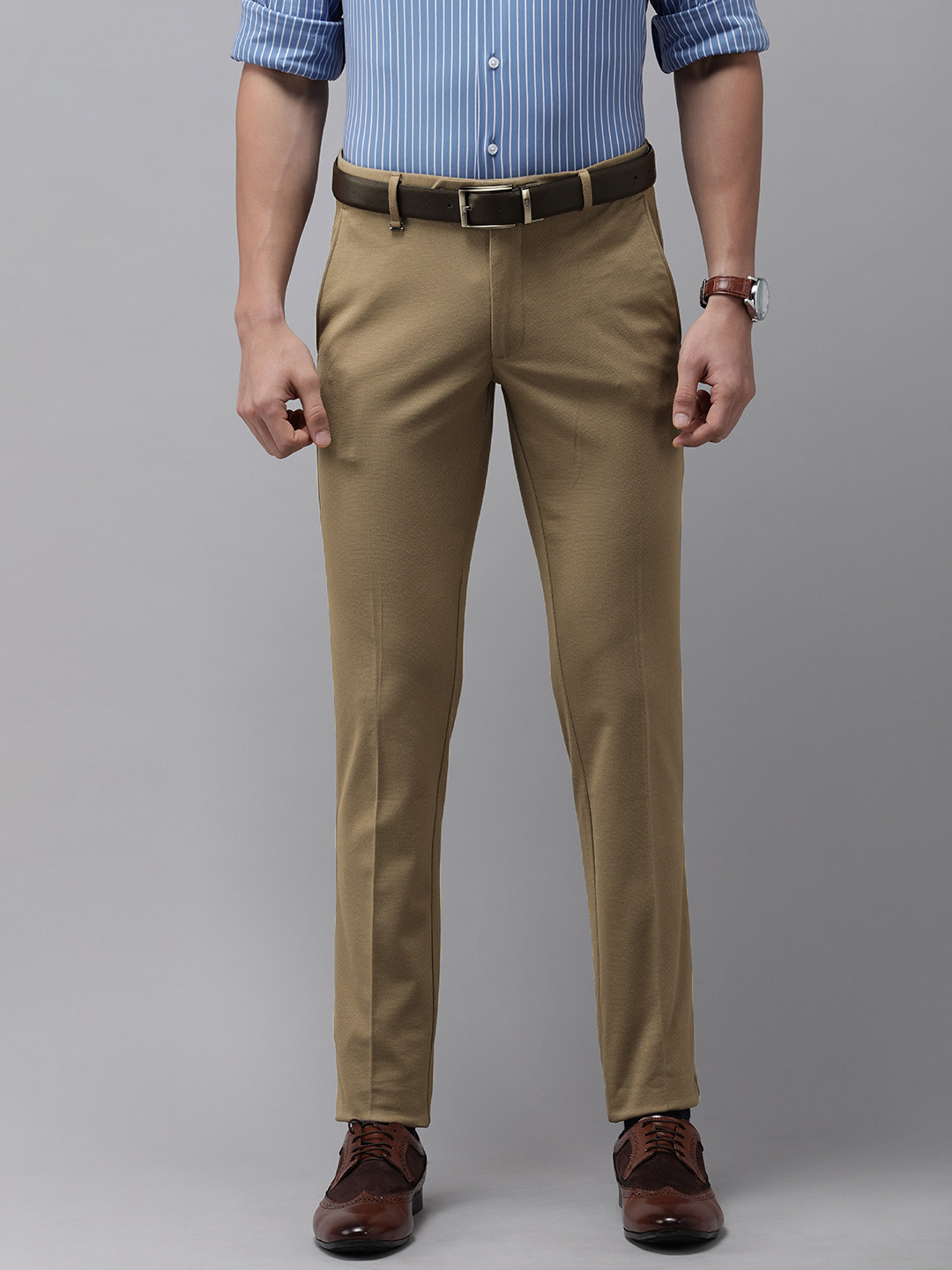 Buy Van Heusen Men Khaki Textured Ultra Slim Fit Trousers Trousers