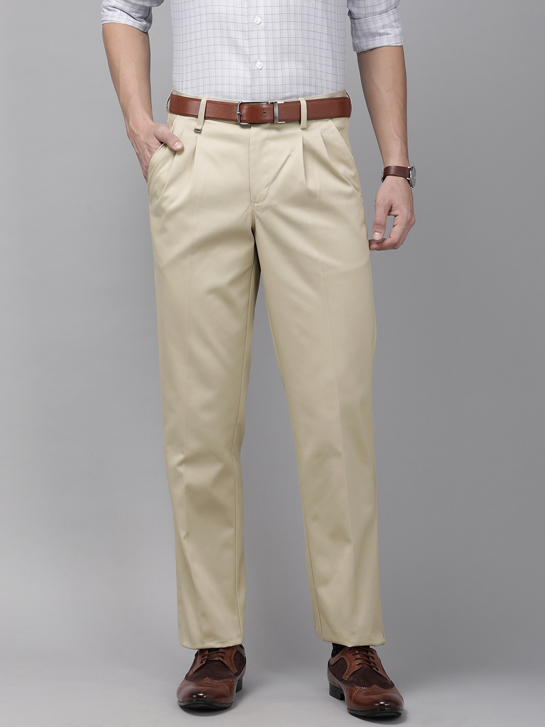 Buy Van Heusen Men Khaki Pleated Custom Fit Formal Trousers Trousers