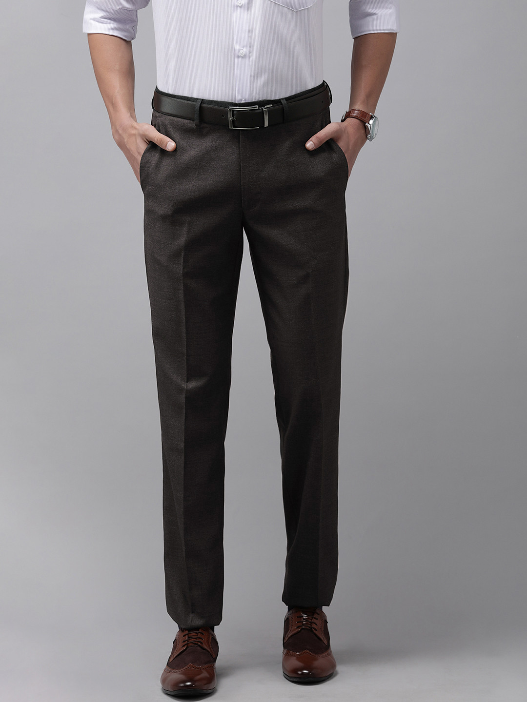 Buy Van Heusen Men Grey Self Designed Mid Rise Slim Fit Formal Trousers ...