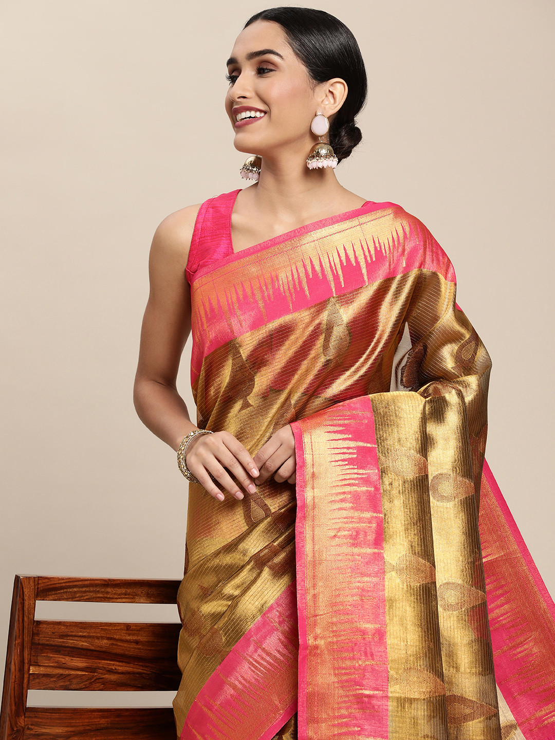 Buy Pothys Golden & Pink Jute Silk Woven Design Saree Sarees for