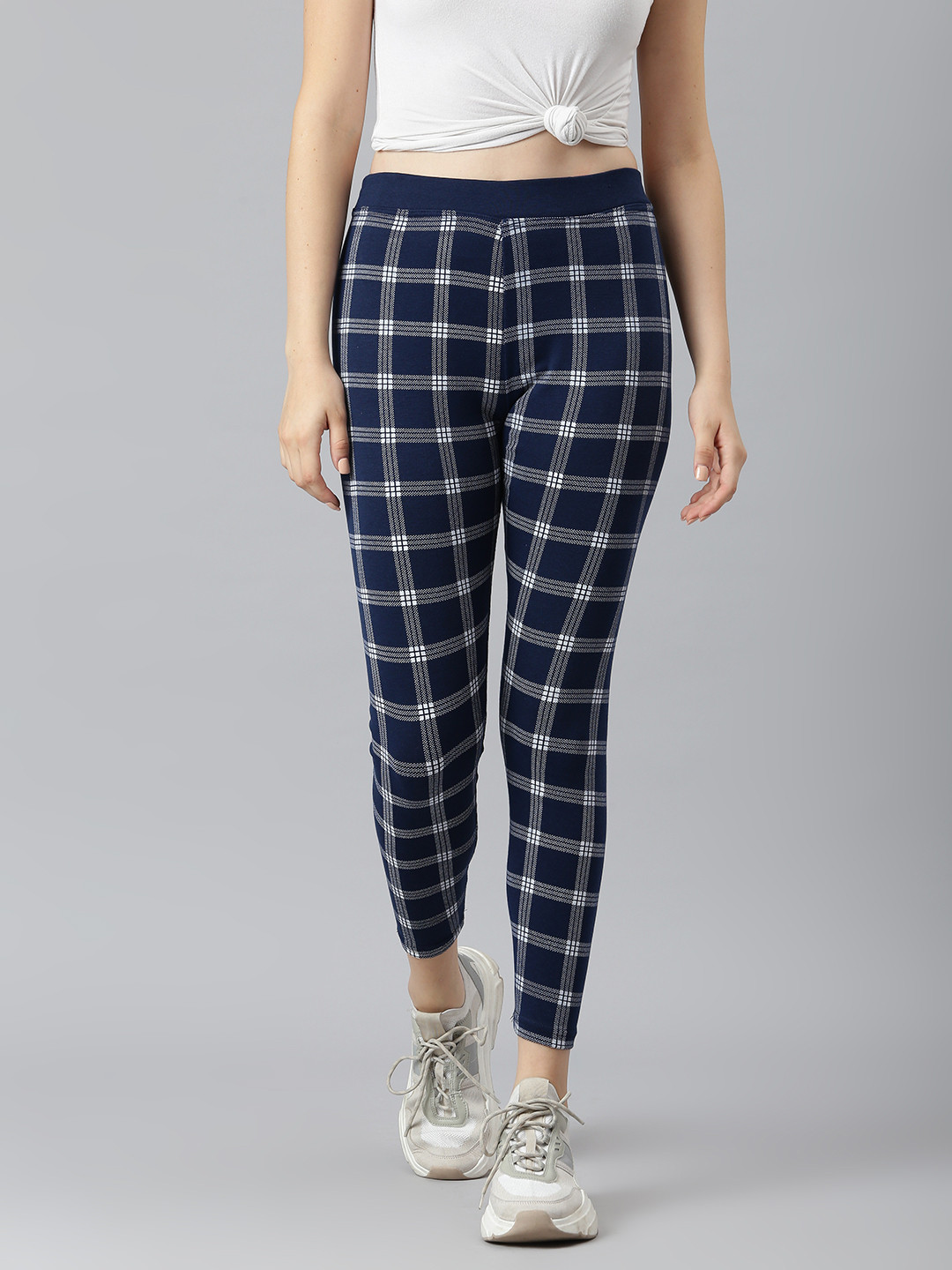 Buy Aarika Women Navy Blue & White Checked Woven Design Track Pants