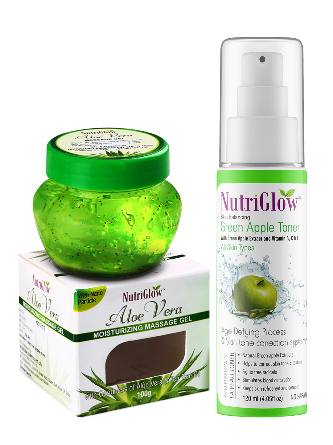 Buy NutriGlow Set Of Skin Balancing Green Apple Toner 120 Ml & Aloe Vera Massage Gel 100 G