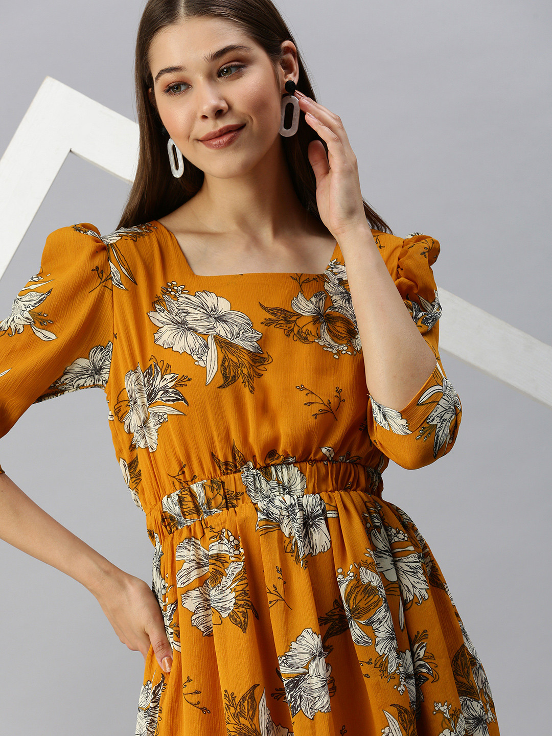 Buy SHOWOFF Mustard Yellow Floral Fit & Flare Dress Ethnic Dresses