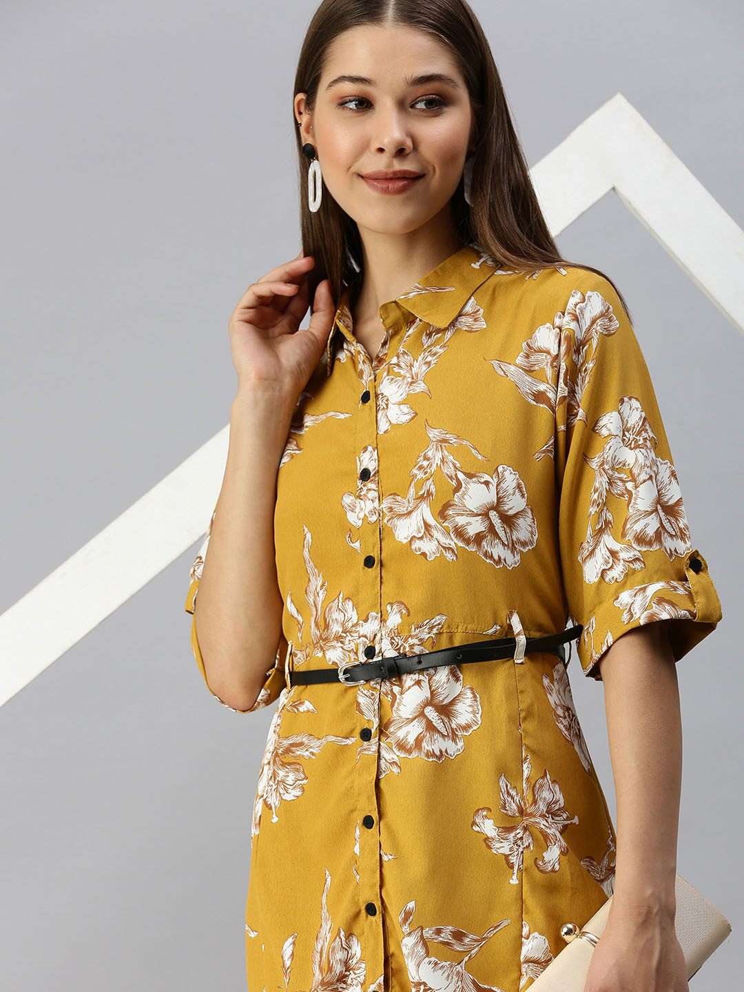 Buy SHOWOFF Mustard Yellow Floral Crepe Shirt Midi Dress Ethnic