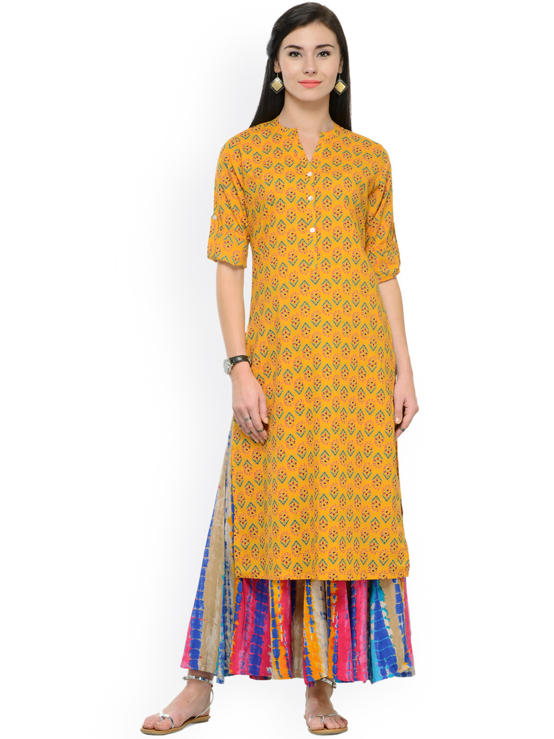 Buy Varanga Mustard Yellow Printed Kurta With Palazzos Kurta Sets for Women 1815309 Myntra