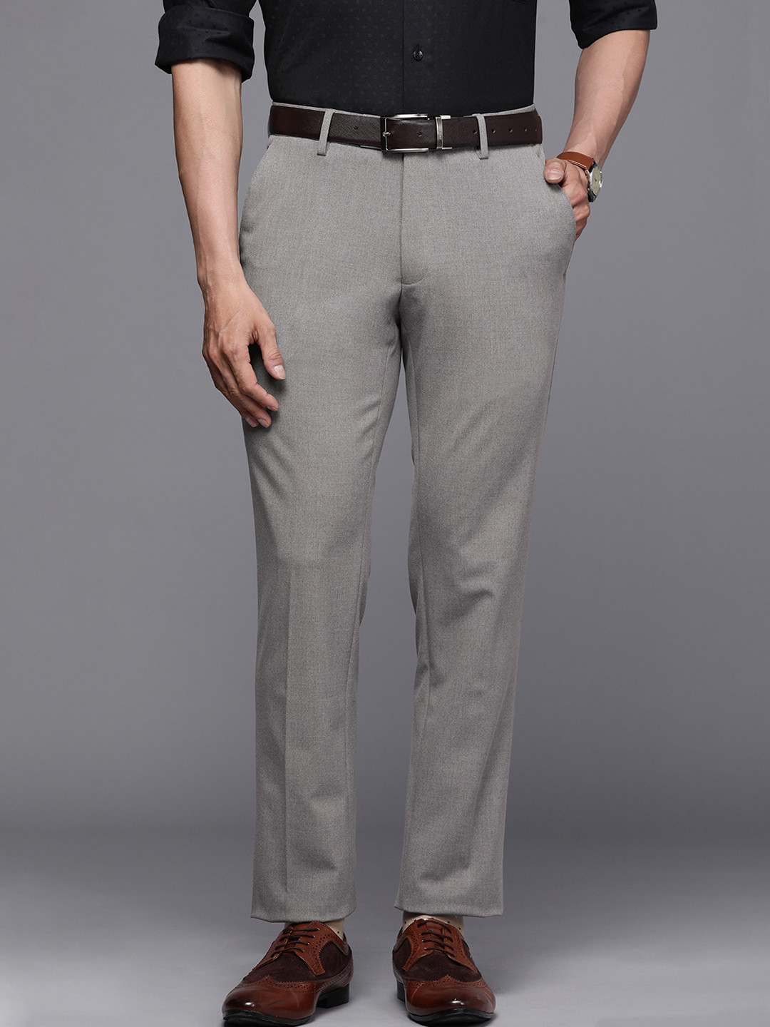 Buy Peter England Elite Men Grey Neo Slim Fit Formal Trousers ...