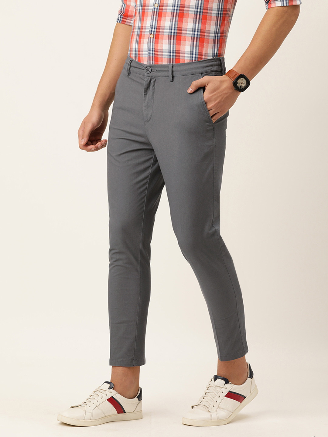 Buy Peter England Men Charcoal Solid Slim Fit Trousers Trousers for