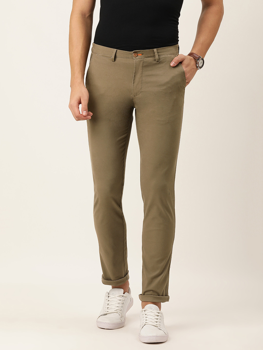 Buy Peter England Men Olive Brown Super Slim Fit Chinos Trousers for