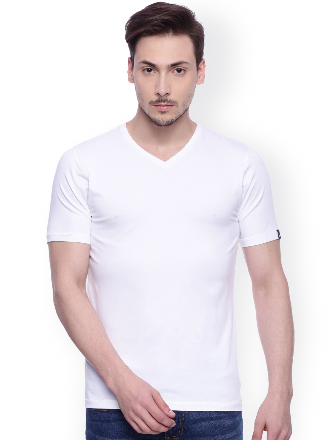 Buy Basics Men White Solid V Neck Muscle Slim Fit T Shirt - Tshirts for ...